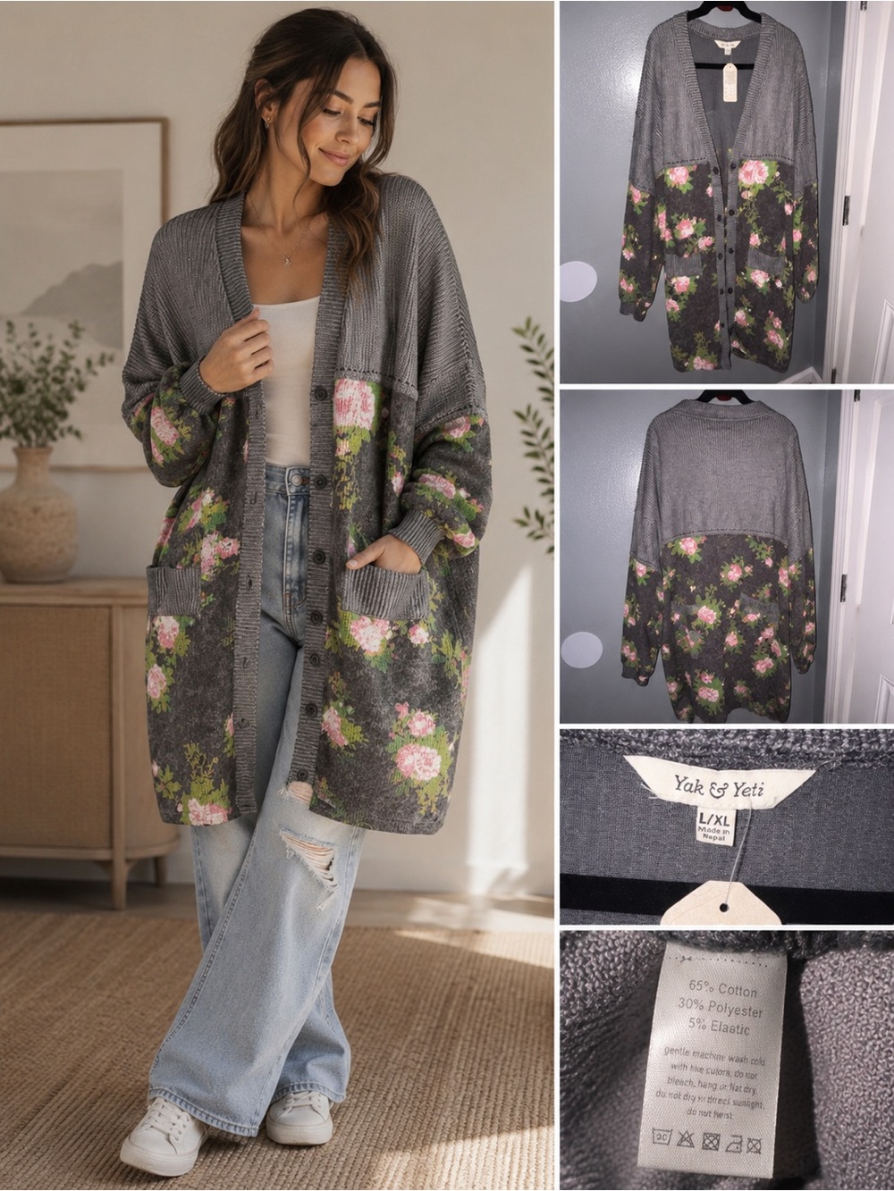 Yak & Yeti Floral Knit Cardigan Sweater L/XL Grey Pink Cottage Core Oversized